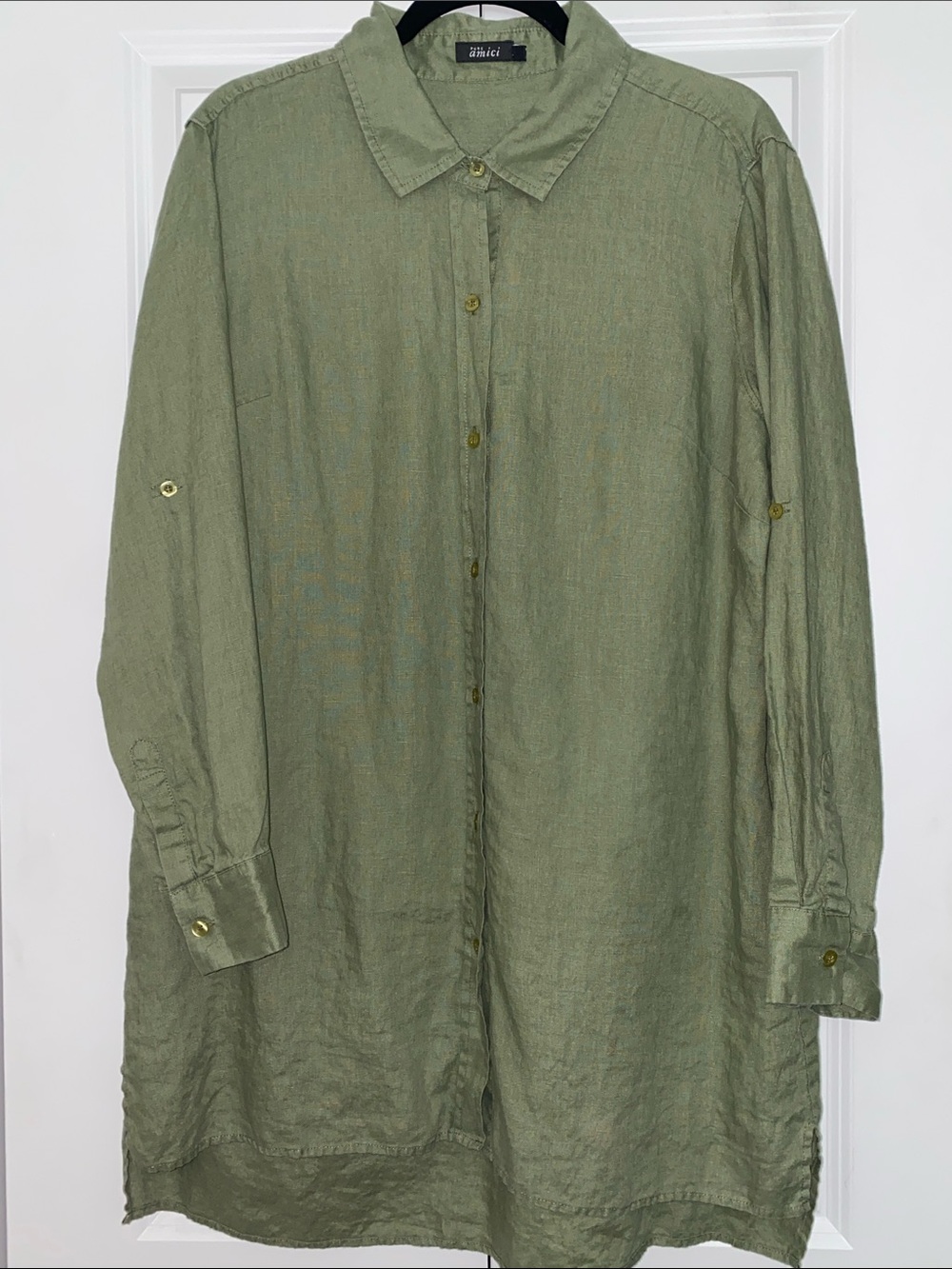 Linen Olive Green Mini Shirt Dress Size Large